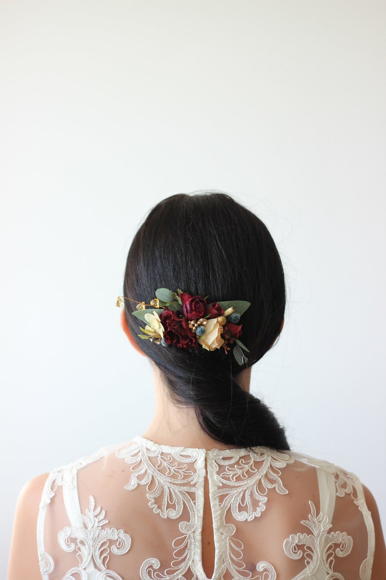 Burgundy navy gold flower Deep red Eucalyptus floral headband Bridal hair wreath Wedding flower halo Maternity crown Bridesmaid crown