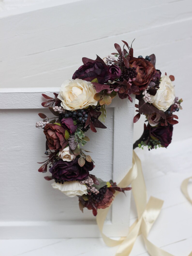 Dark purple brown ivory flower crown Fall wedding Floral halo Etsy