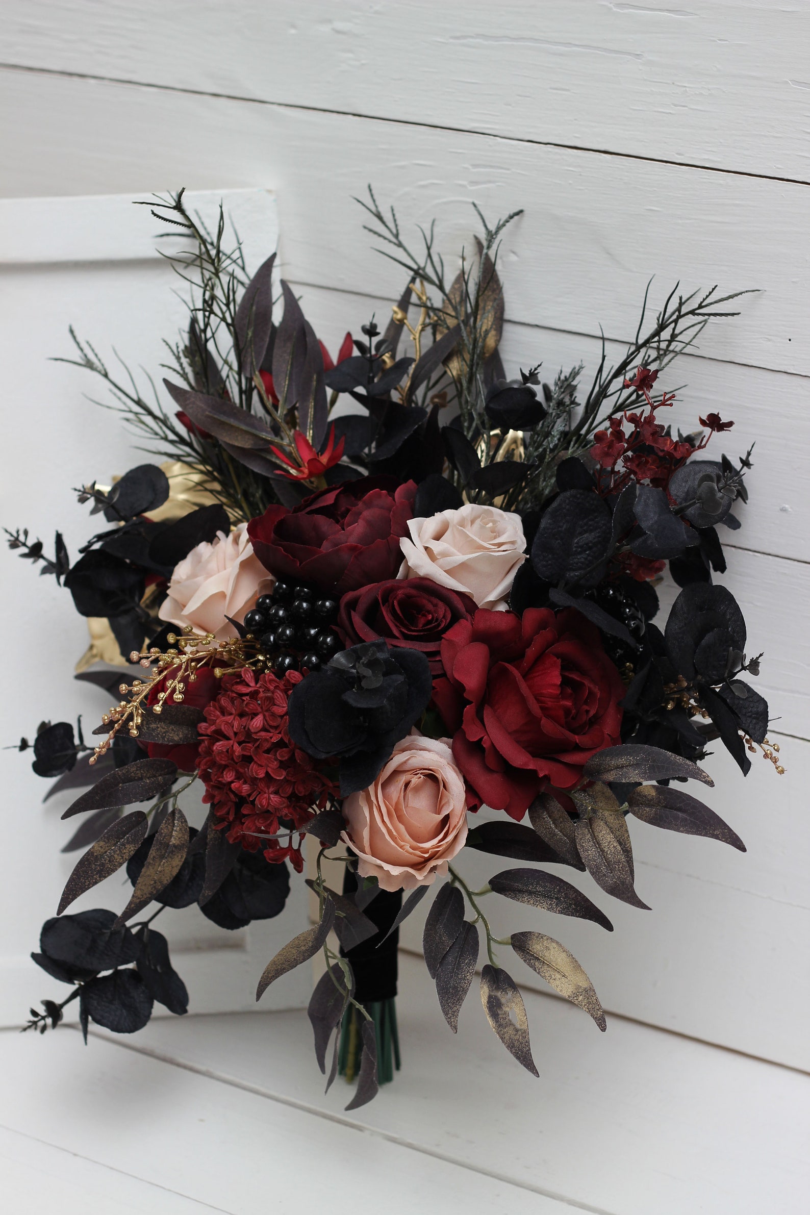 Burgundy black gold beige flowers Fall bridal bouquet Faux