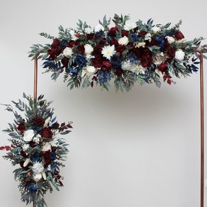 Burgundy ivory navy blue flower arch arrangement Wedding flowers Floral archway Faux flowers wedding arrangement