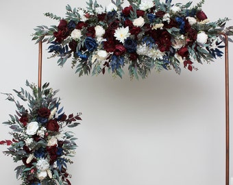 Burgundy ivory navy blue flower arch arrangement Wedding flowers Floral archway Faux flowers wedding arrangement