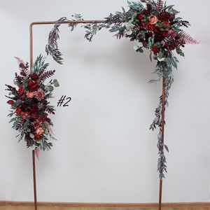 Deep burgundy red blue arch arrangement Arch flowers Fall wedding Archway flowers Pergola flowers Wedding arch image 2