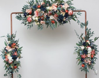 Set of 3 Navy blue coral ivory flower arch arrangement  Wedding flowers Floral archway Faux flowers wedding arrangement