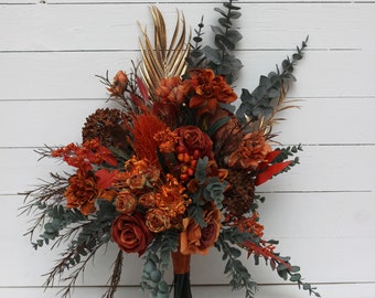 Banksia boho bouquet Rust Terracotta Burnt orange flowers Bridal bouquet Faux bouquet Fall wedding  Silk flowers -size 14 inch