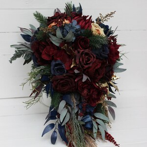 Winter cascading bouquet Burgundy navy blue gold bouquet Faux cones bouquet Classic wedding Burgundy silk flowers Boho wedding Pampas grass image 4