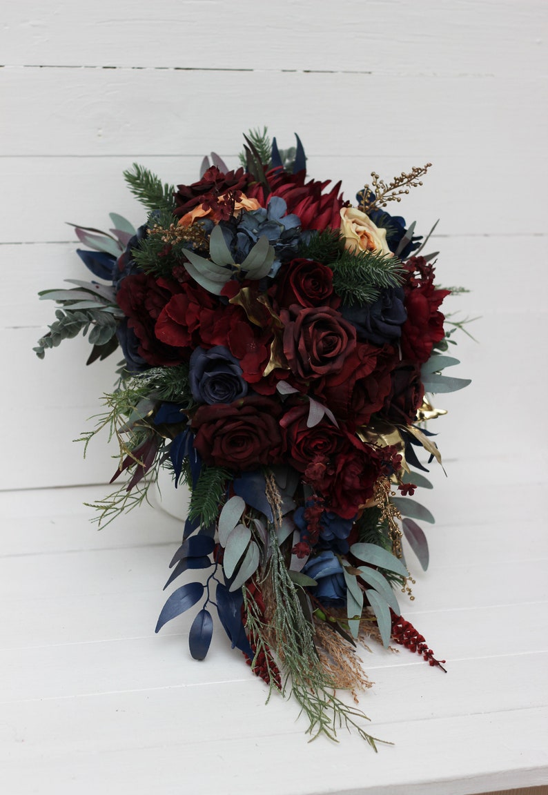 Winter cascading bouquet Burgundy navy blue gold bouquet Faux cones bouquet Classic wedding Burgundy silk flowers Boho wedding Pampas grass image 4