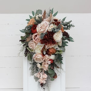 Cascading boho bouquet Beige terracotta white blush pink flowers Bridal bouquet Faux bouquet Fall wedding  Faux blooms