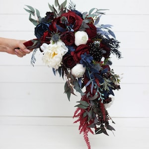 Burgundy white navy blue cascading bouquet Bridal bouquet  Faux bouquet Wedding flowers Boho wedding bouquet