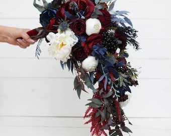 Burgundy white navy blue cascading bouquet Bridal bouquet  Faux bouquet Wedding flowers Boho wedding bouquet