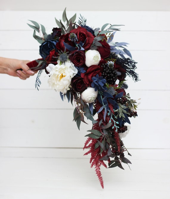 Burgundy Flowers For Navy Blue Bridesmaid Dresses Cascade Bridal Bouquet  Burgundy Pink Navy Tulips Roses Peonies