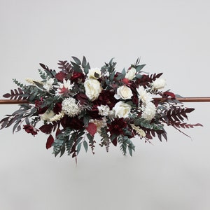 Burgundy ivory flower arch arrangement Wedding flowers Floral archway Faux flowers wedding arrangement