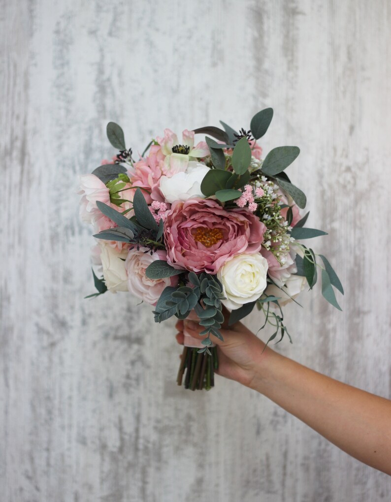 Round Blush Pink Eucalyptus Bridal Bouquet Faux Bouquet Etsy