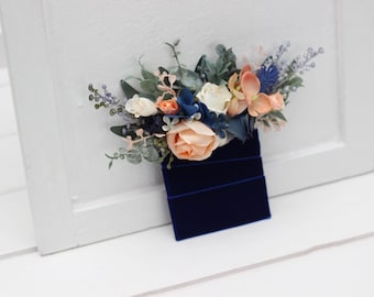 Navy Blue Ivory & Coral Floral Pocket Boutonniere, Wedding Accessories