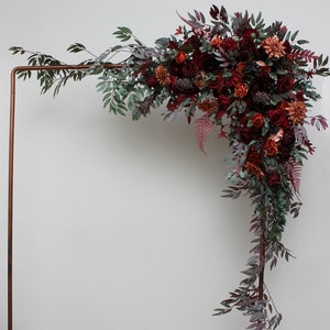 Deep burgundy red blue arch arrangement Arch flowers Fall wedding Archway flowers Pergola flowers Wedding arch Corner