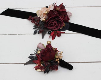 2-5 days to USA Halloween wedding Burgundy black gold beige wrist corsage Boutonniere Flower bracelet Floral accessories  Fall wedding -0018