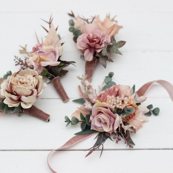 Dusty rose cream blush pink flowers Fiance Groom Groomsmen buttonhole Mother wrist corsage Boho wedding accessories