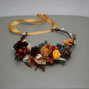 Burnt orange dusty blue floral crown Rust floral wreath Wedding headpiece Boho wedding Bridal hairpiece Bridesmaid crown Maternity crown