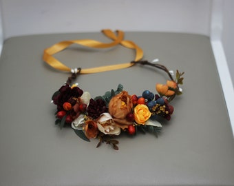 Burnt orange dusty blue floral crown Rust floral wreath Wedding headpiece Boho wedding Bridal hairpiece Bridesmaid crown Maternity crown