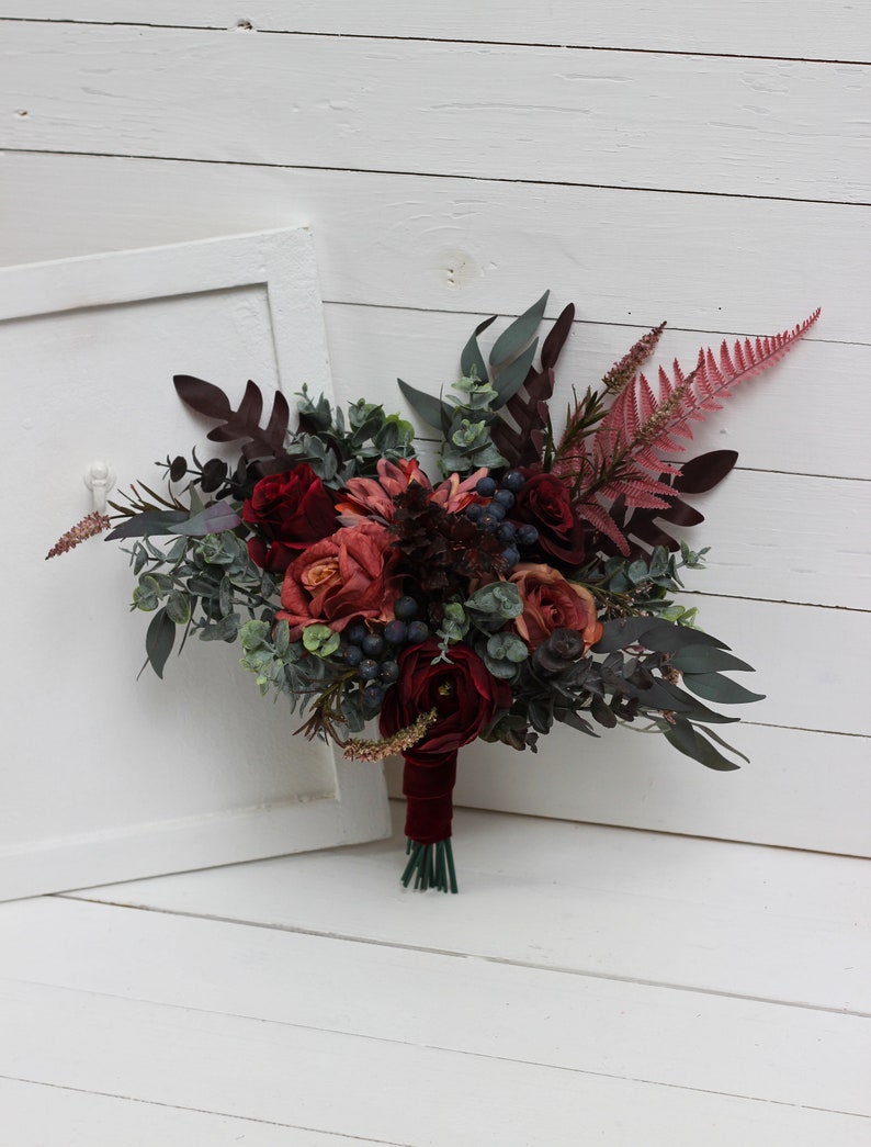 Deep burgundy red blue arch arrangement Arch flowers Fall wedding Archway flowers Pergola flowers Wedding arch Bridesmaid bouquet9"