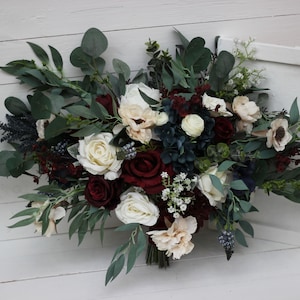Burgundy navy blue ivory flowers Bridal bouquet Faux bouquet Blue thistle Wedding silk flowers Boho wedding size 20 inch