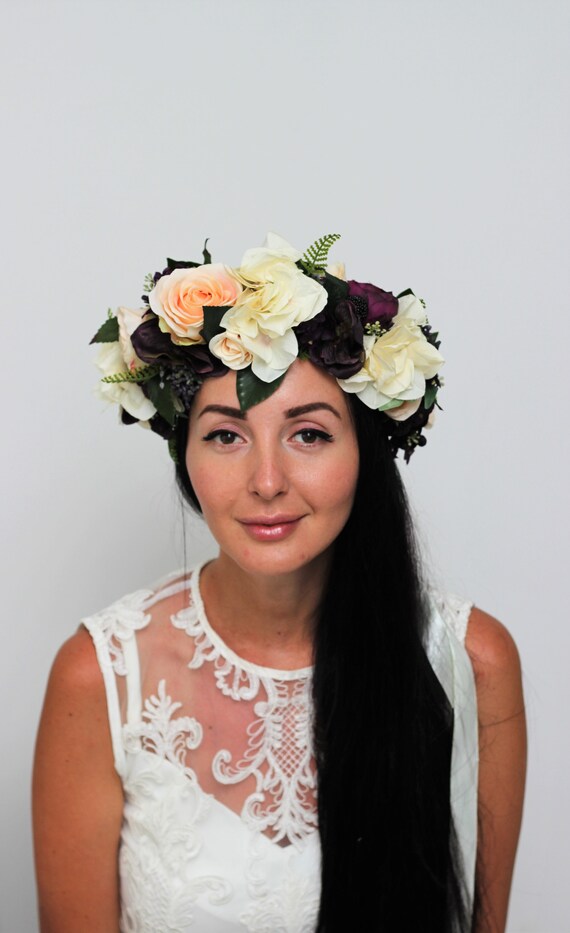 Large Asymmetrical Flower Crown Peach Purple Floral Halo Rose Etsy