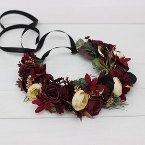 Burgundy black gold ivory flowers Emerald green Flower crown Floral crown Hair wreath