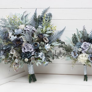 Dusty blue sage green bridal bouquet -  Peonies blue thistle anemone bouquet Bridesmaid flowers Pale blue winter wedding flowers