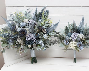 Dusty blue sage green bridal bouquet -  Peonies blue thistle anemone bouquet Bridesmaid flowers Pale blue winter wedding flowers