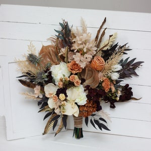 Deep purple terracotta beige flowers Fall bridal bouquet Faux bouquet Fall wedding  Silk flowers Boho wedding-size 16 inch