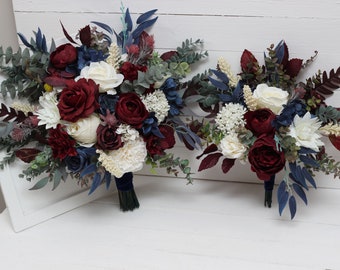 Burgundy ivory navy blue bouquet - size 15" Bridal bouquet Faux bouquet  Wedding flowers Silk flowers Boho wedding