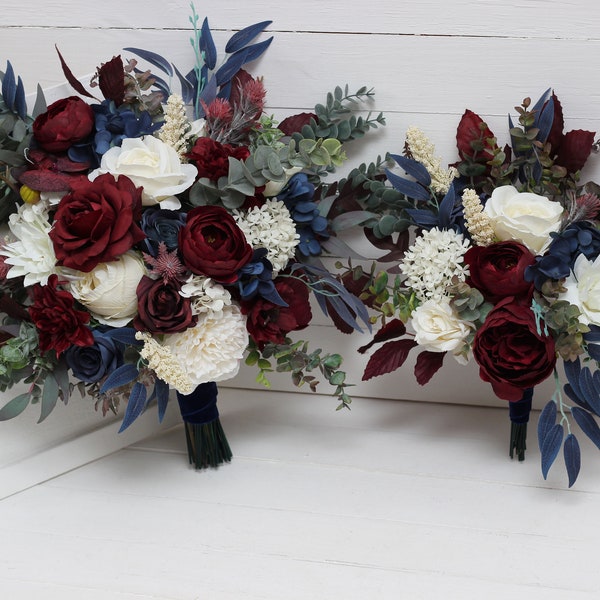 Burgundy ivory navy blue bouquet - size 15" Bridal bouquet Faux bouquet  Wedding flowers Silk flowers Boho wedding