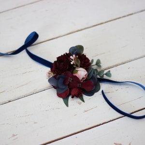 Burgundy Navy Blue corsage Fall wedding Bridesmaid flower accessories Wedding flowers Floral bracelet Bridal flowers Flower girl