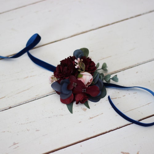 Burgundy Navy Blue Flower Accessories Boutonniere Wrist Etsy