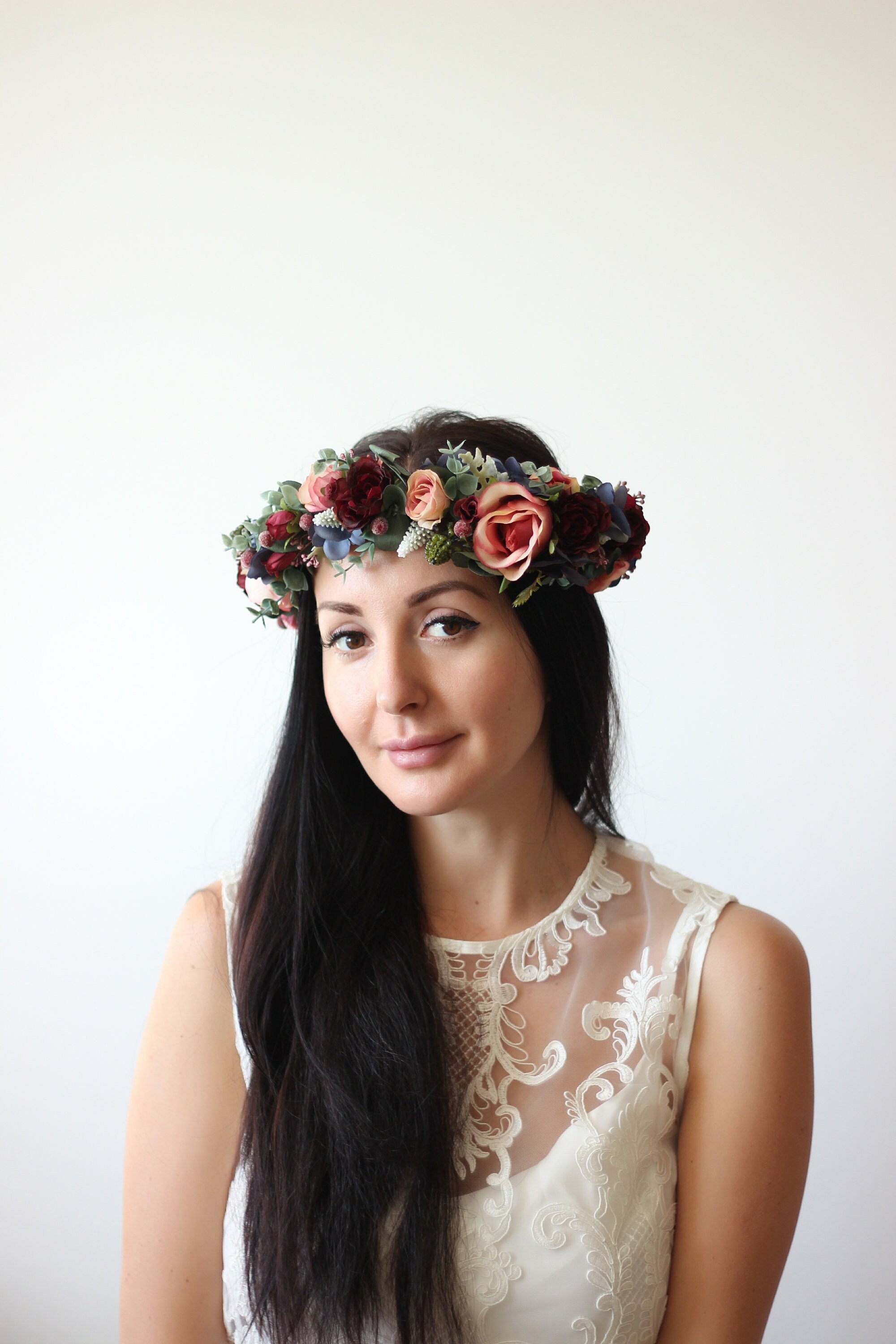 Burgundy Navy Blue Flower Crown Flower Headpiece Bridal Etsy