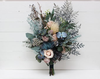 Dark teal beige banksia bouquet Navy blue flowers Bridal bouquet Faux bouquet Fall wedding  Silk flowers Boho wedding