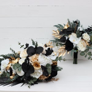 Black gold white cascading bouquet Orchid flowers Beach wedding Bridal bouquet Faux bouquet Silk flowers