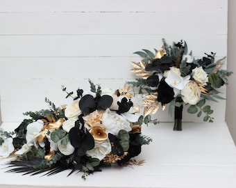 Black gold white cascading bouquet Orchid flowers Beach wedding Bridal bouquet Faux bouquet Silk flowers