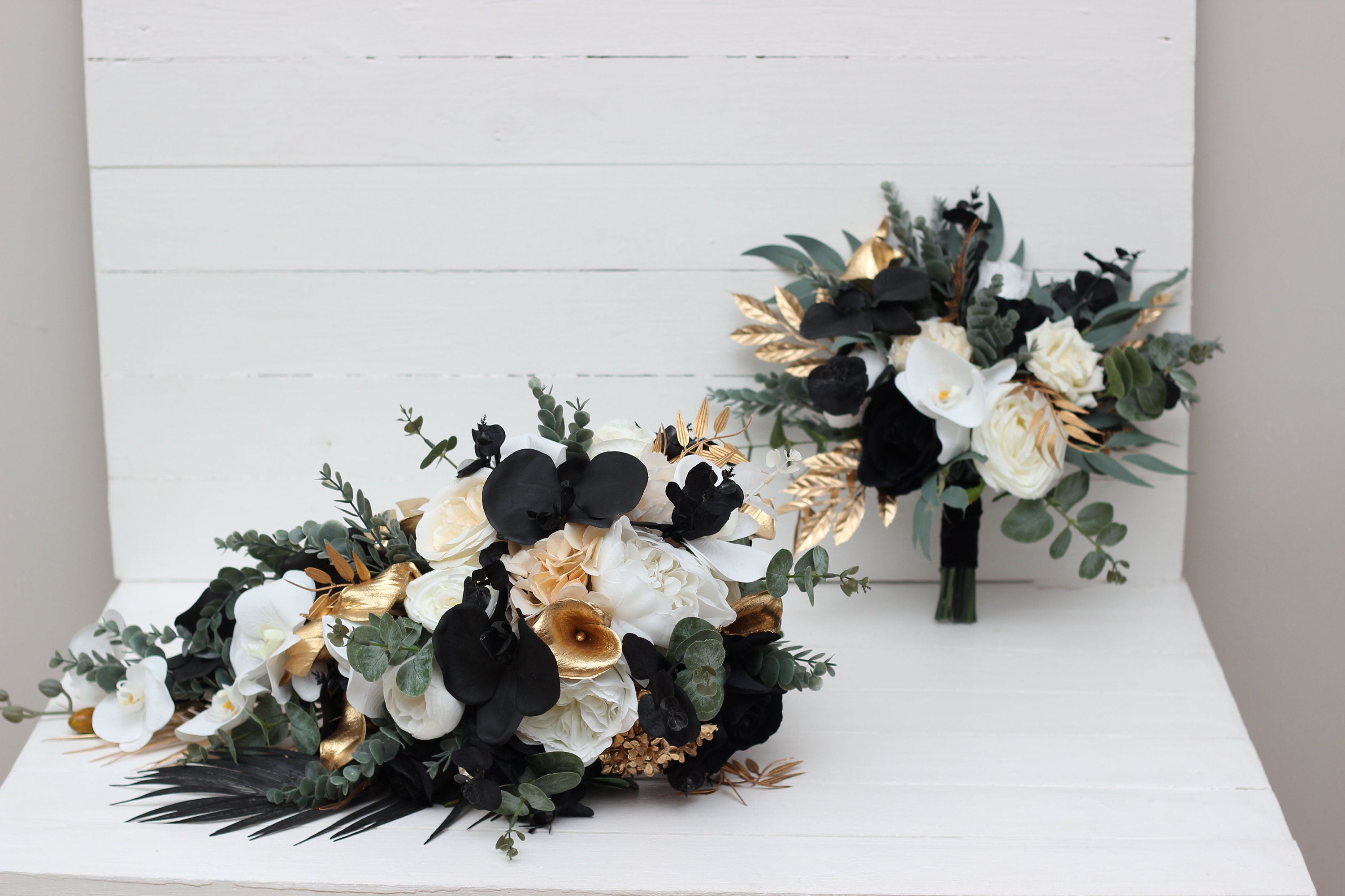 Black gold white cascading bouquet Orchid flowers Beach wedding Bridal bouquet Faux bouquet Faux blooms