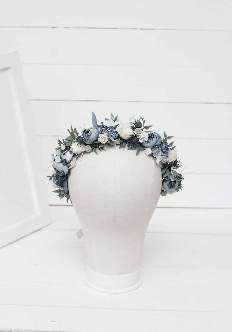 Dusty blue white flower crown Floral crown Flower headpiece Maternity Bridal hair wreath Flower girl Bridesmaid Hair flowers image 2