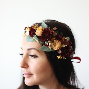 SALE Burgundy navy gold flower Deep red Eucalyptus floral headband Bridal hair wreath Wedding flower halo Maternity crown Bridesmaid crown image 2