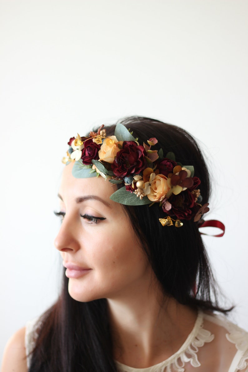 SALE Burgundy navy gold flower Deep red Eucalyptus floral headband Bridal hair wreath Wedding flower halo Maternity crown Bridesmaid crown image 2