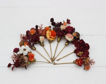 Set of 8 bobby Rust burgundy flowers Wedding flowers Hair accessories Bridal flowers Flower hair pins Floral hair pins Hairpiece Bridesmaid