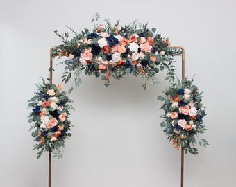 Set of 3 Navy blue peach flower arch arrangement  Wedding flowers Floral archway Faux flowers wedding arrangement