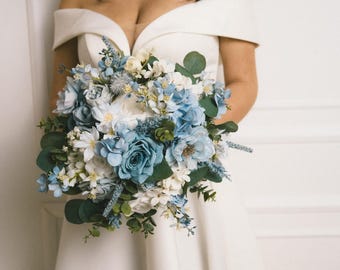 Dusty Blue & White Bridal Bouquet: Peonies, Roses, Anemones, Sage Green Boho Wedding Flowers-S234