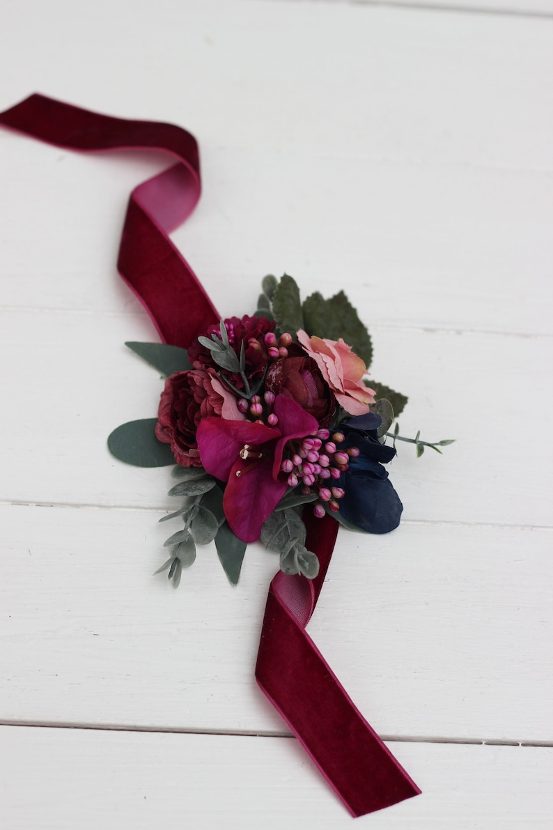 Jewel-tone wedding Emerald green purple magenta teal flowers Bridal bouquet Faux bouquet Boho wedding Wedding flowers Corsage