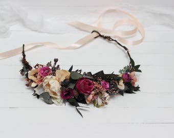 SALE! Pink peach ivory flower crown Fall wedding Bridal headbahd Hair flower wreath Boutonniere Floral headpiece Woodland Outdoor Bridesmaid