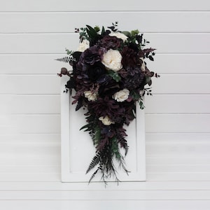 Cascading bouquet Deep purple black ivory green bouquet Bridal flowers Faux bouquet Fall wedding Halloween wedding Bridesmaid bouquet