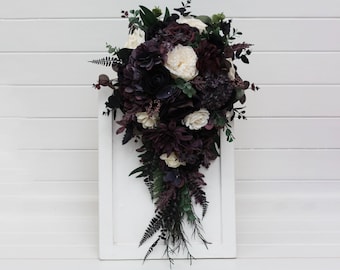 Cascading bouquet Deep purple black ivory green bouquet Bridal flowers Faux bouquet Fall wedding Halloween wedding Bridesmaid bouquet