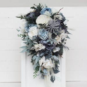 Cascading dusty blue white bridal bouquet Peonies roses anemones bouquet Bridesmaid flowers Pale blue winter wedding flowers Boho wedding