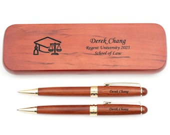 Dayspring Pens - Personalized Rosewood Graduation Ballpoint Pen and Pencil Set with Case - Law
